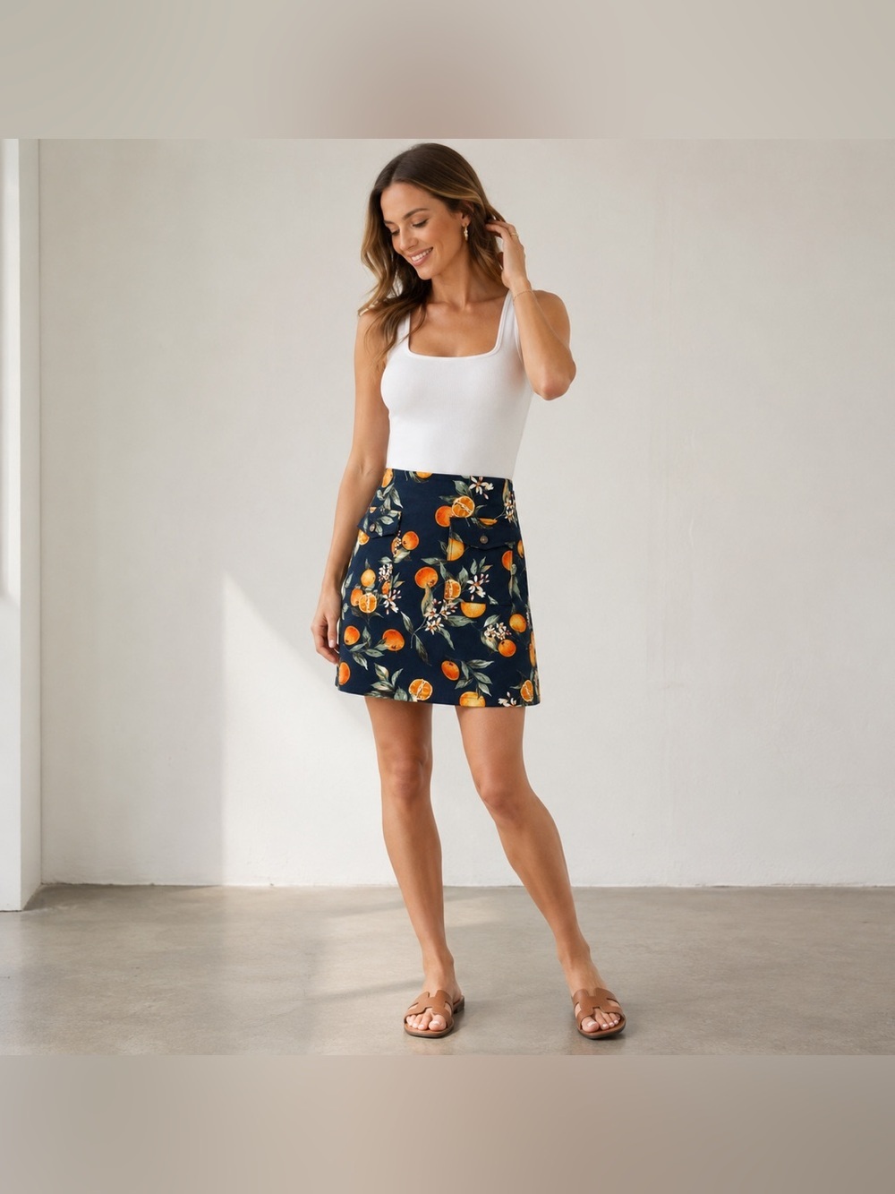 Loft Skirt Womens 10 Navy Blue Orange Fruit Print Utility Mini - Picture 1 of 8